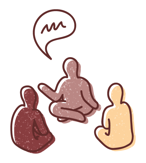 Graphic illustration of three relaxed human figures sitting on the floor, while one speaks and the others listen.