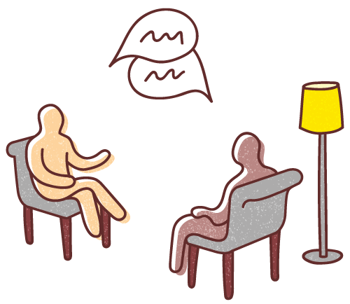 Learning the customer's world. Graphic illustration of two human figures sitting on comfortable chairs in a domestic setting with a standing lamp, looking at each other and conversing.
