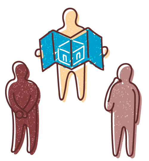 Graphic illustration of two human figures in relaxed postures engaging with a third figure who is facing them and holding a blueprint with a building design on it.