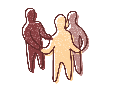 Graphic illustration of three human figures facing each other and holding hands, illustrating the value of empathy in organisational culture.