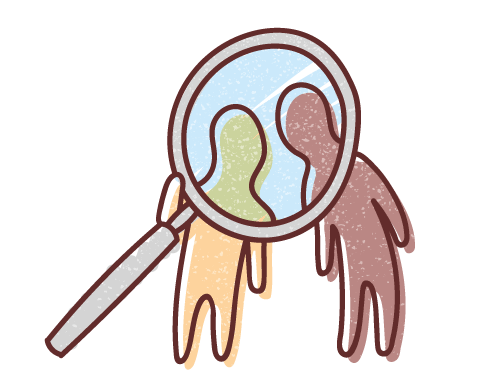 Graphic illustration of two miniaturised human figures looking through a magnifying glass towards the viewer.