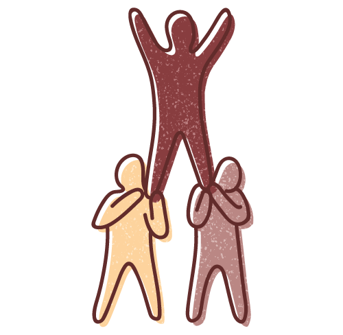 Graphic illustration of Social Context Mission showing two human figures supporting a third to form a human pyramid.