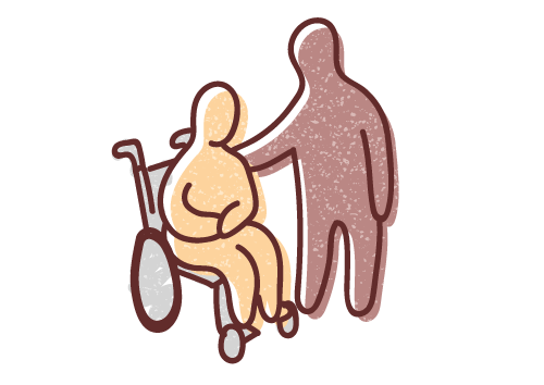 Graphic illustration of a human figure in a wheelchair with a second human figure providing support.