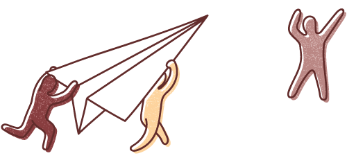 Graphic illustration of two miniaturised human figures launching a paper aeroplane towards a third figure, who is waving. This depicts the importance of collaboration for meeting human-centred design challenges.