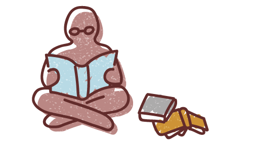 Graphic illustration of a human figure sitting cross-legged reading next to a pile of books and resources.