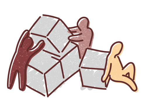 Graphic illustration of three human figures working together to assemble a structure made from blocks.