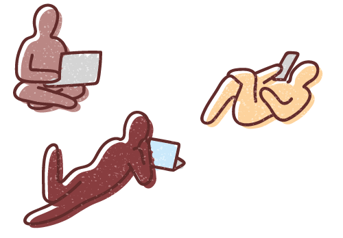 Graphic illustration of three human figures sitting or reclining comfortably while viewing content on electronic communications devices.