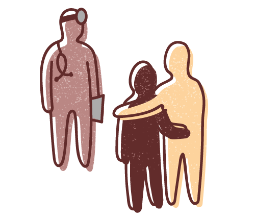 Graphic illustration of a medical doctor in a relaxed setting conversing with a patient and caregiver.