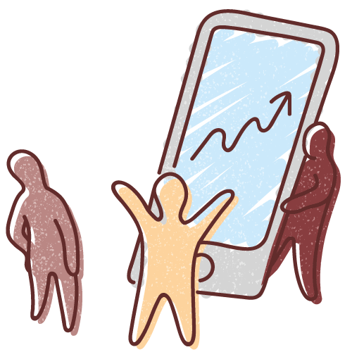 Graphic illustration of two miniaturised human figures viewing a mobile telephone displaying a data chart, while a third figure emerges from behind the telephone..