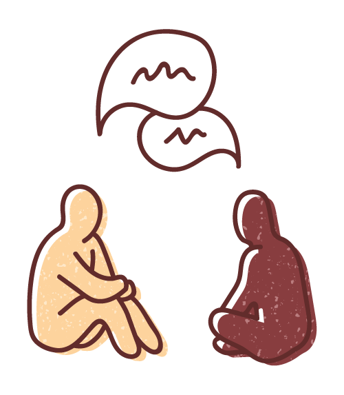 Graphic illustration of two relaxed human figures sitting on the floor deep in conversation.