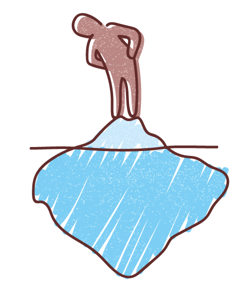 Graphic illustration of a human figure standing on an iceberg and peering through the water to see the bigger part of the iceberg underwater.